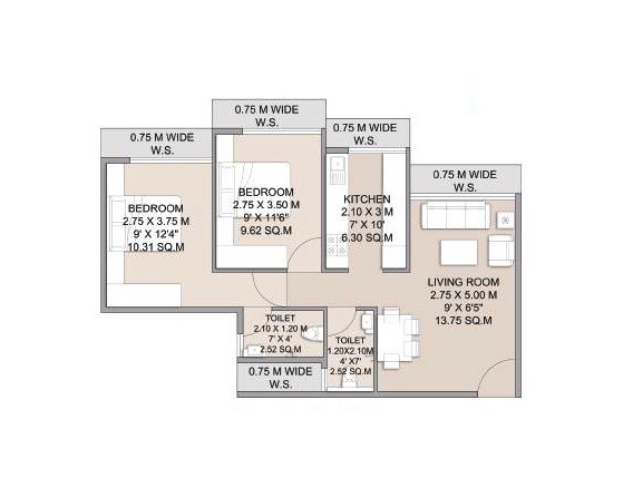Floor plan of 2 BHK 577 Sq. Ft. Apartment in Keni City, Navi Mumbai