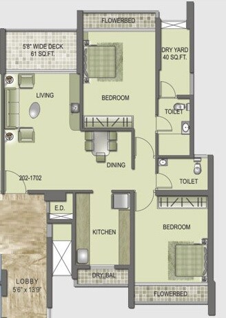 Floor plan of 2 BHK 516 Sq. Ft. Apartment in Kesar Exotica, Navi Mumbai