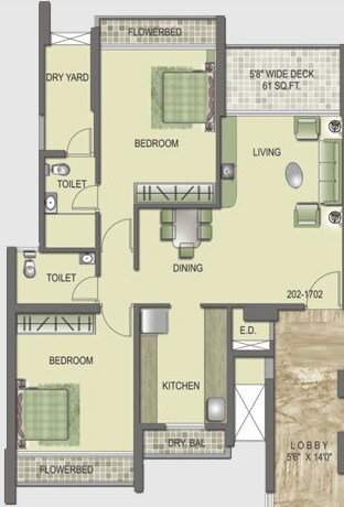 Floor plan of 2 BHK 646 Sq. Ft. Apartment in Kesar Exotica, Navi Mumbai
