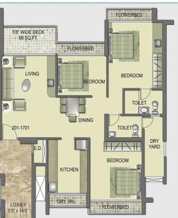 Floor plan of 3 BHK 823 Sq. Ft. Apartment in Kesar Exotica, Navi Mumbai