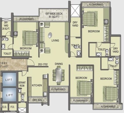 Floor plan of 4 BHK 1184 Sq. Ft. Apartment in Kesar Exotica, Navi Mumbai