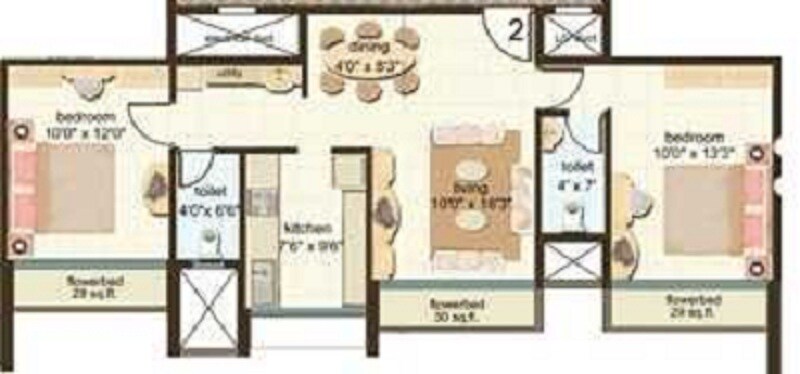 Floor plan of 2 BHK 1025 Sq. Ft. Apartment in Kesar Harmony, Navi Mumbai