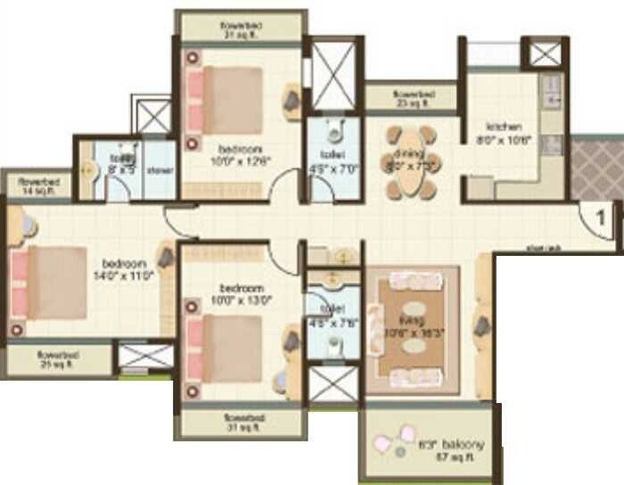 Floor plan of 3 BHK 1590 Sq. Ft. Apartment in Kesar Harmony, Navi Mumbai