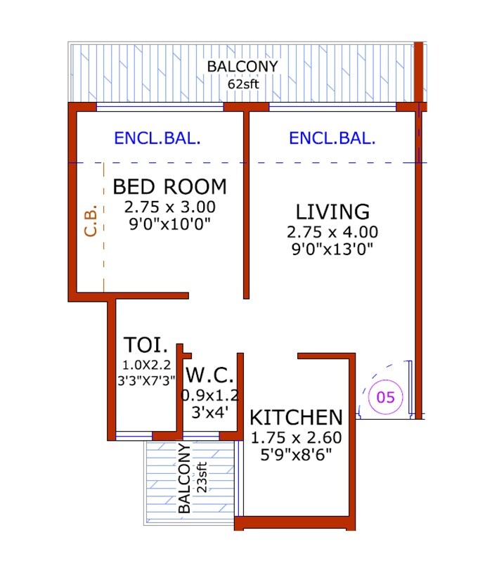 Floor plan of 1 BHK 421 Sq. Ft. Apartment in Keshar Exotica, Navi Mumbai