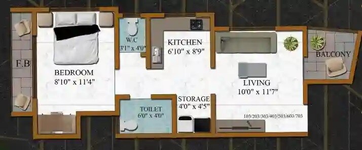 Floor plan of 1 BHK 320 Sq. Ft. Apartment in Khamkar Sai Leela CHS, Navi Mumbai