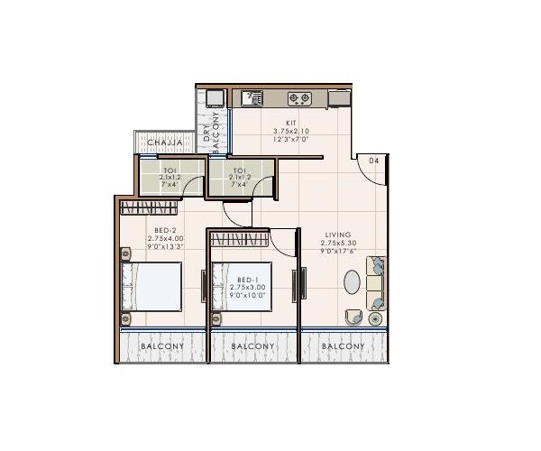Floor plan of 2 BHK 640 Sq. Ft. Apartment in Khot Ananta Paradise, Navi Mumbai