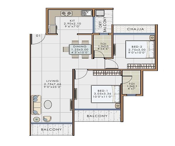 Floor plan of 2 BHK 825 Sq. Ft. Apartment in Khot Ananta Paradise, Navi Mumbai
