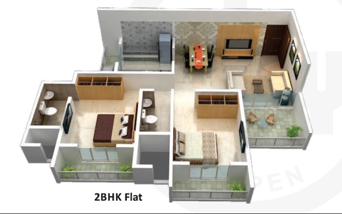 Floor plan of 2 BHK 627 Sq. Ft. Apartment in KN Sky Villas, Navi Mumbai