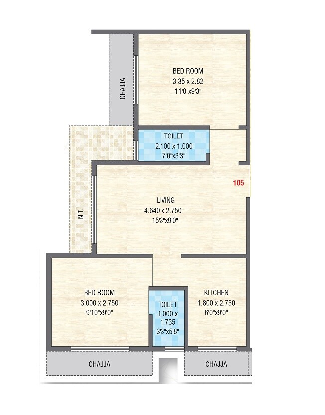 Floor plan of 2 BHK 419 Sq. Ft. Apartment in Kohinoor The Crystal, Navi Mumbai