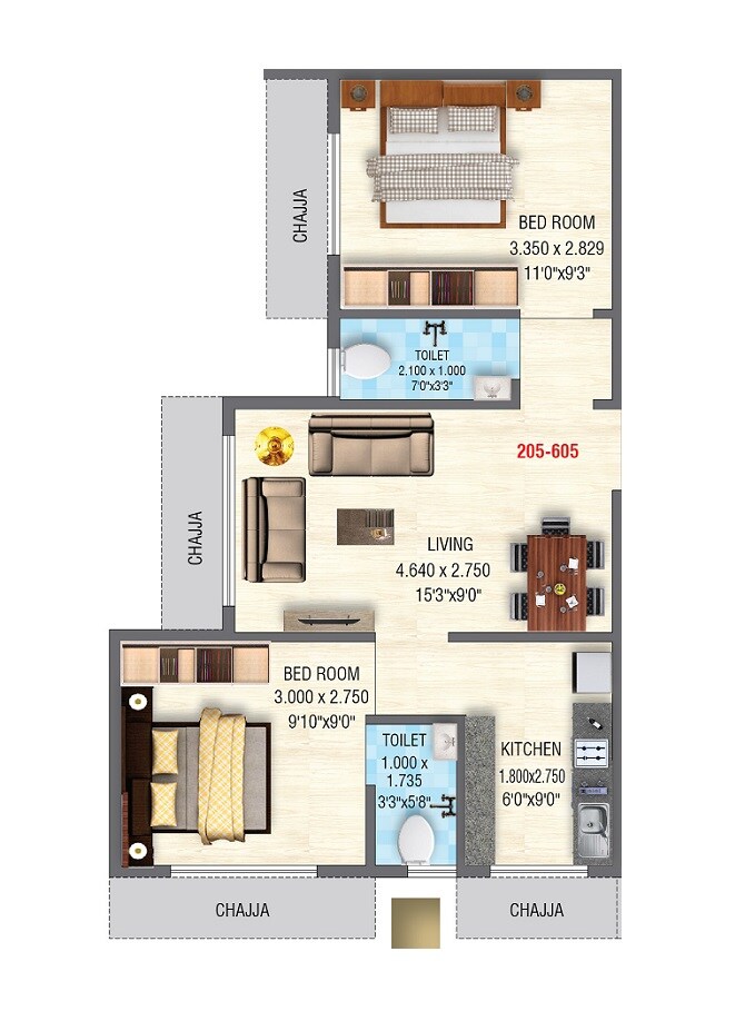 Floor plan of 2 BHK 445 Sq. Ft. Apartment in Kohinoor The Crystal, Navi Mumbai