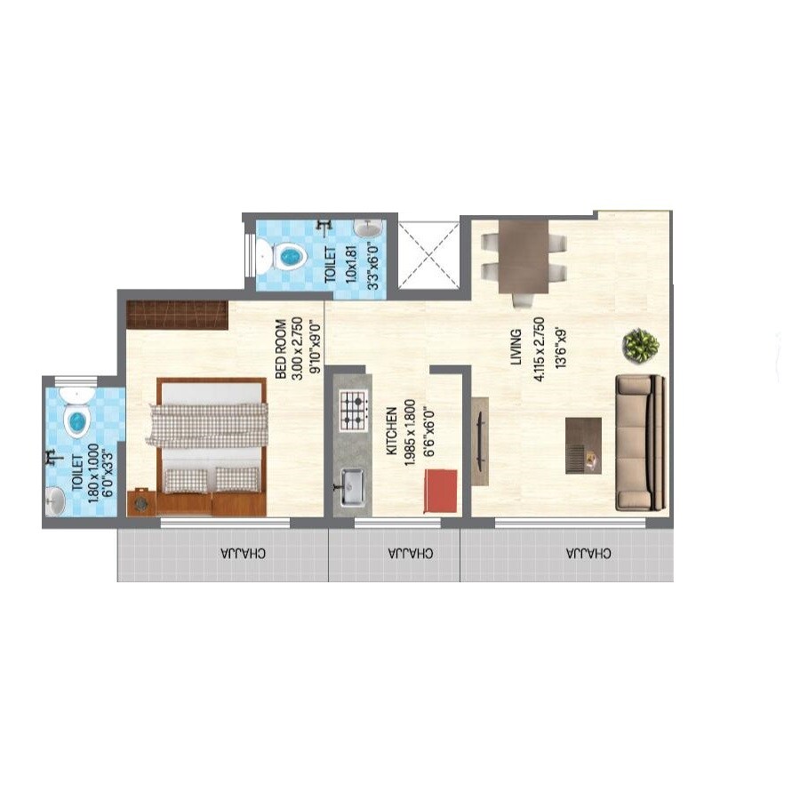 Floor plan of 1 BHK 311 Sq. Ft. Apartment in Kohinoor The Jewel, Navi Mumbai