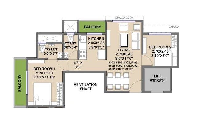 Floor plan of 2 BHK 443 Sq. Ft. Apartment in Konkan Balaji Evara, Navi Mumbai