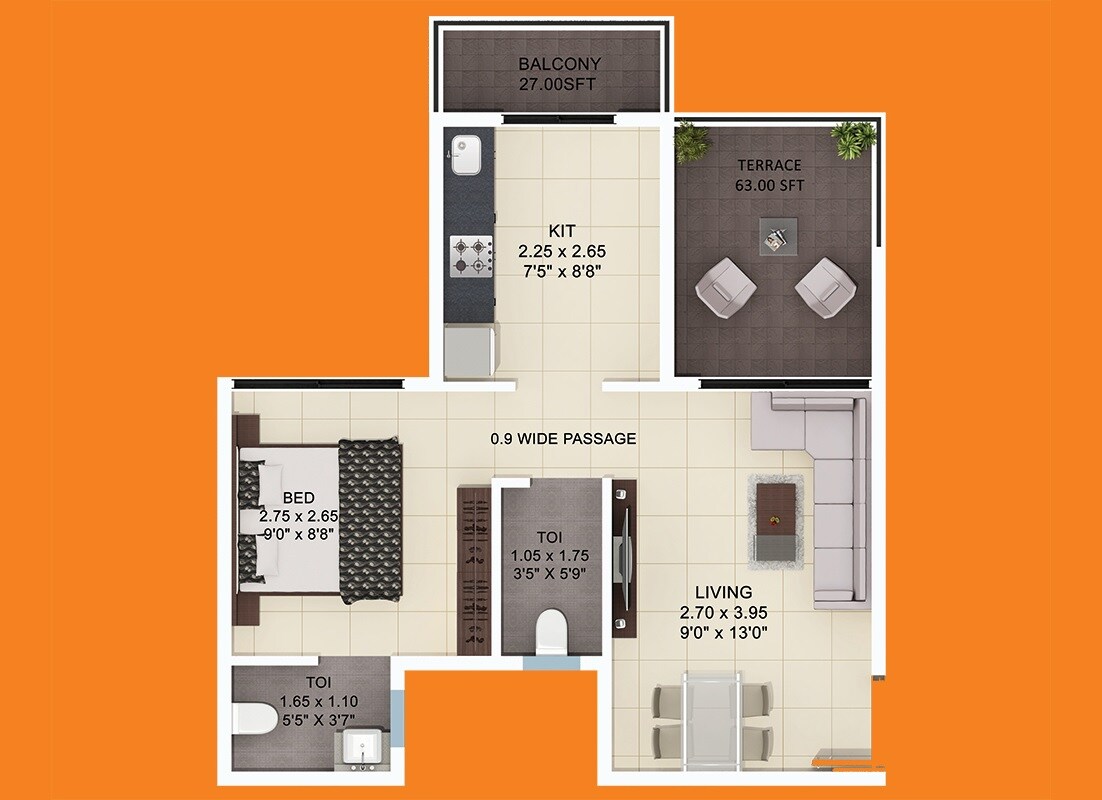 Floor plan of 1 BHK 413 Sq. Ft. Apartment in Konnark Heavens, Navi Mumbai