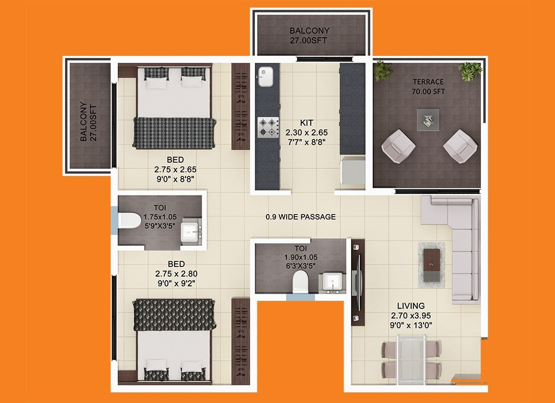 Floor plan of 2 BHK 850 Sq. Ft. Apartment in Konnark Heavens, Navi Mumbai
