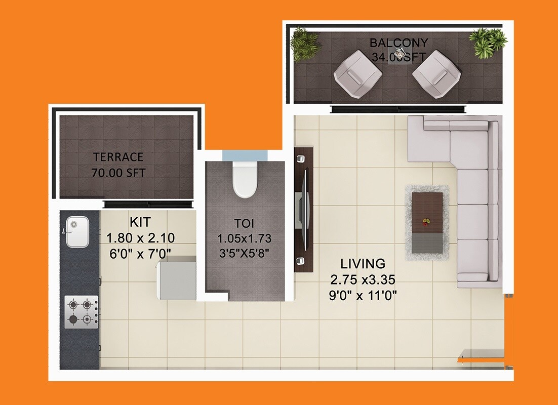 Floor plan of 1 BHK 280 Sq. Ft. Studio in Konnark Heavens, Navi Mumbai