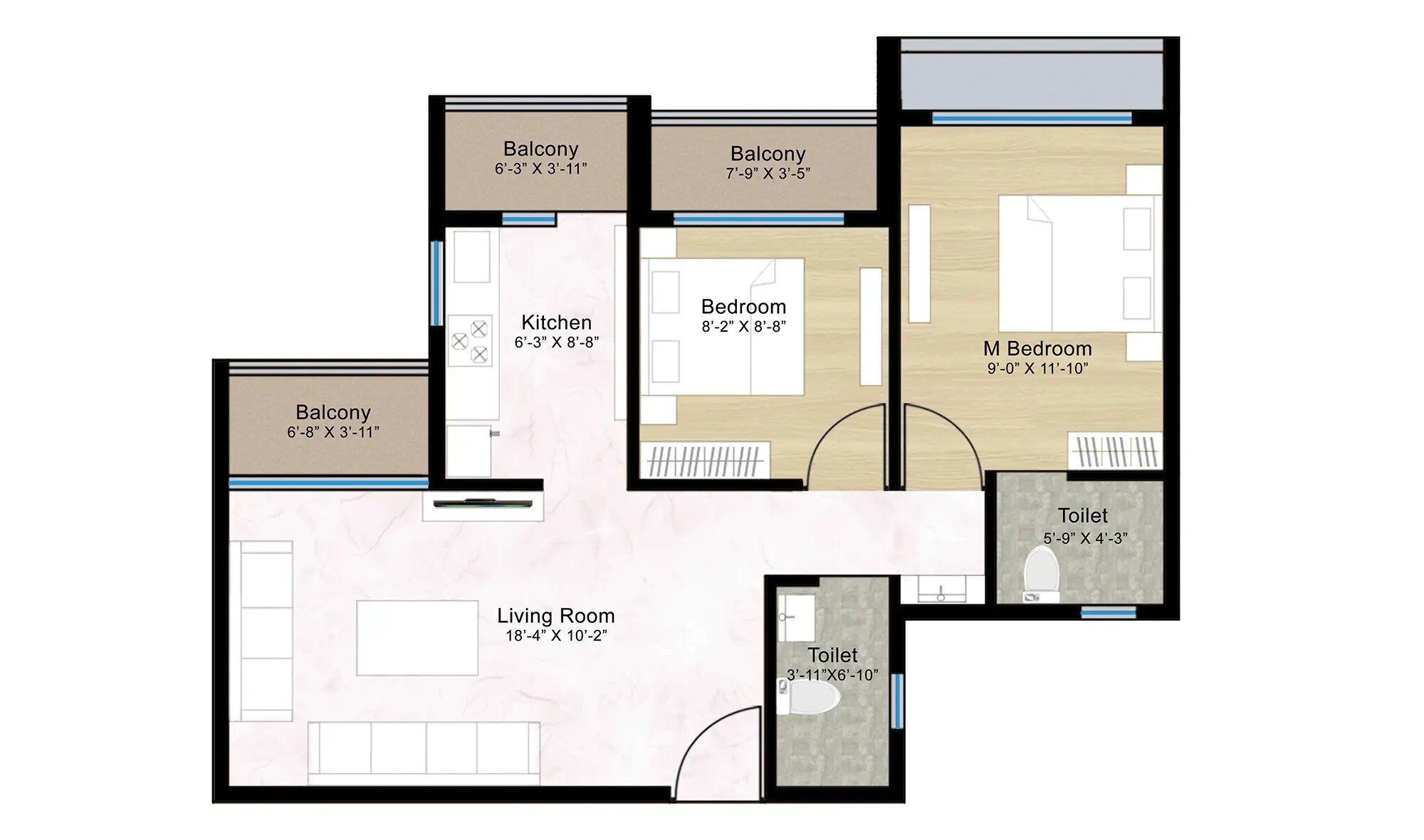 2 BHK 606 Sq. Ft. Apartment