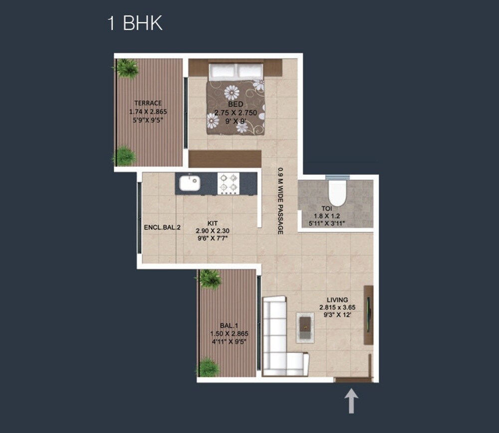 Floor plan of 1 BHK 285 Sq. Ft. Apartment in Konnark Meadows, Navi Mumbai