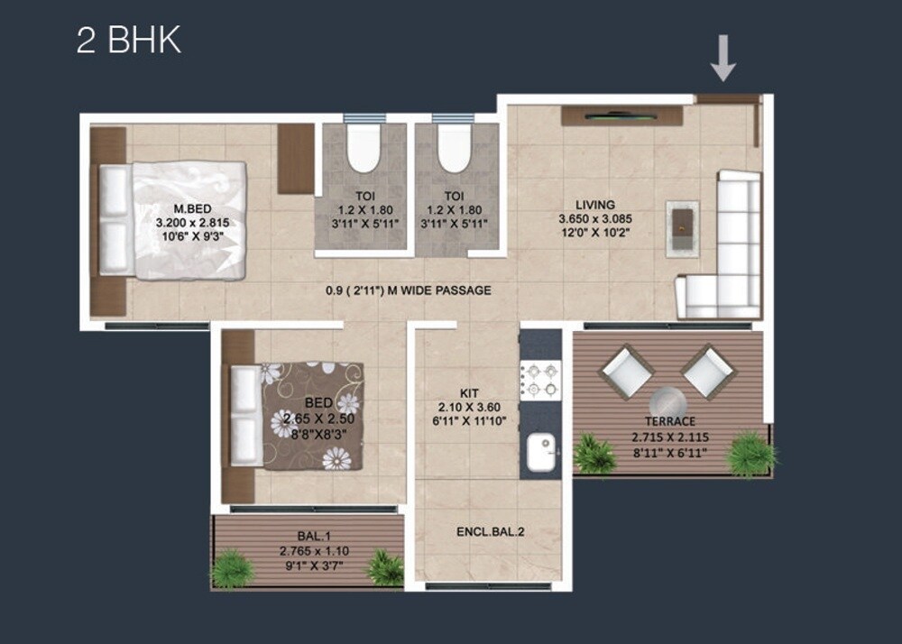 Floor plan of 2 BHK 417 Sq. Ft. Apartment in Konnark Meadows, Navi Mumbai