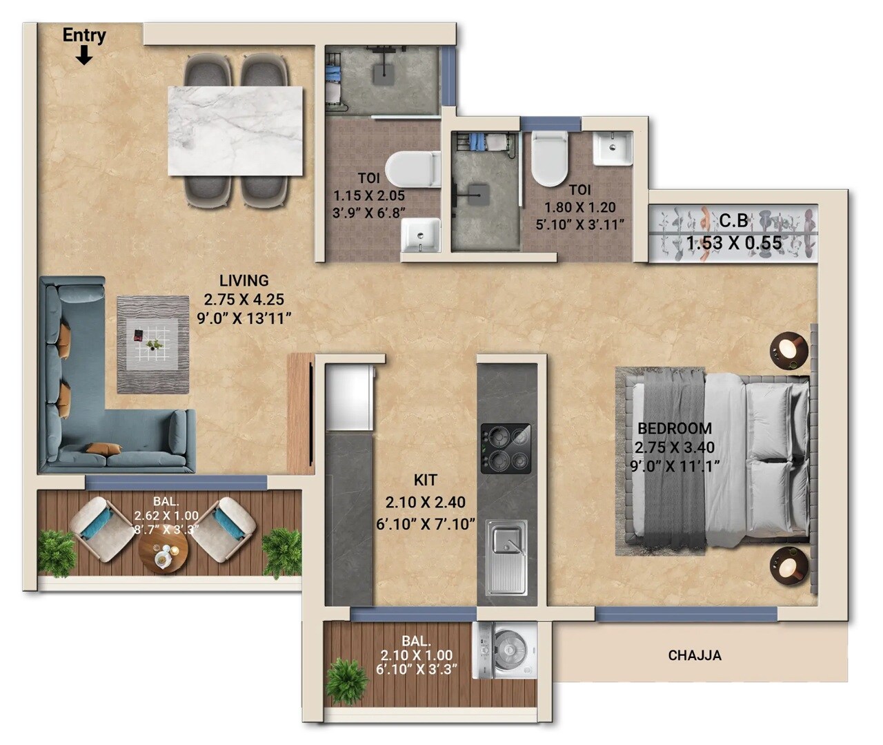 Floor plan of 1 BHK 417 Sq. Ft. Apartment in Konnark Stellar, Navi Mumbai
