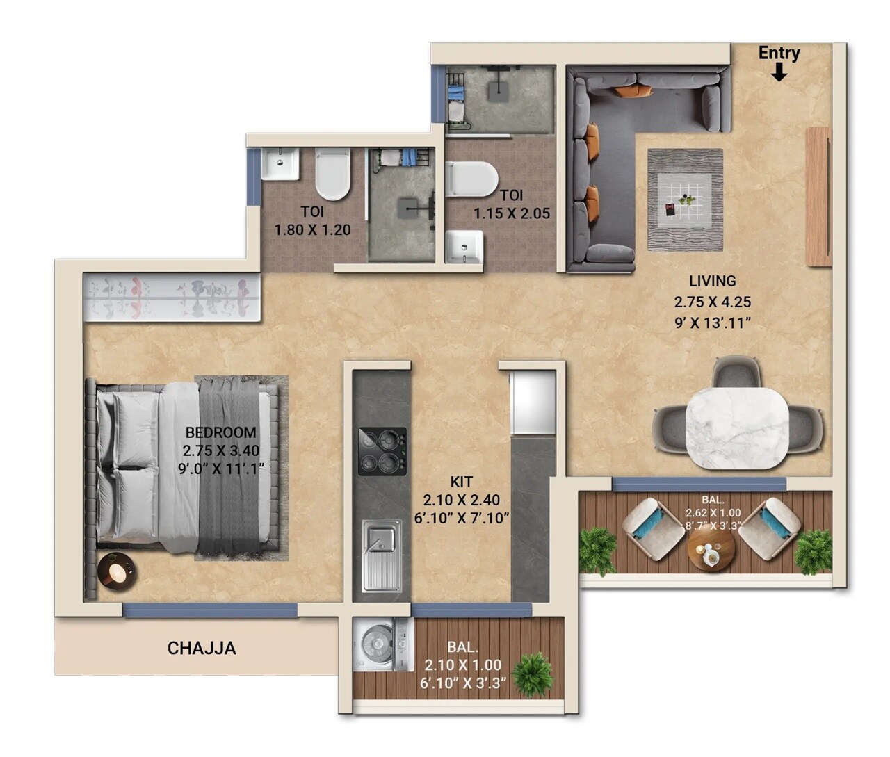 Floor plan of 1 BHK 430 Sq. Ft. Apartment in Konnark Stellar, Navi Mumbai