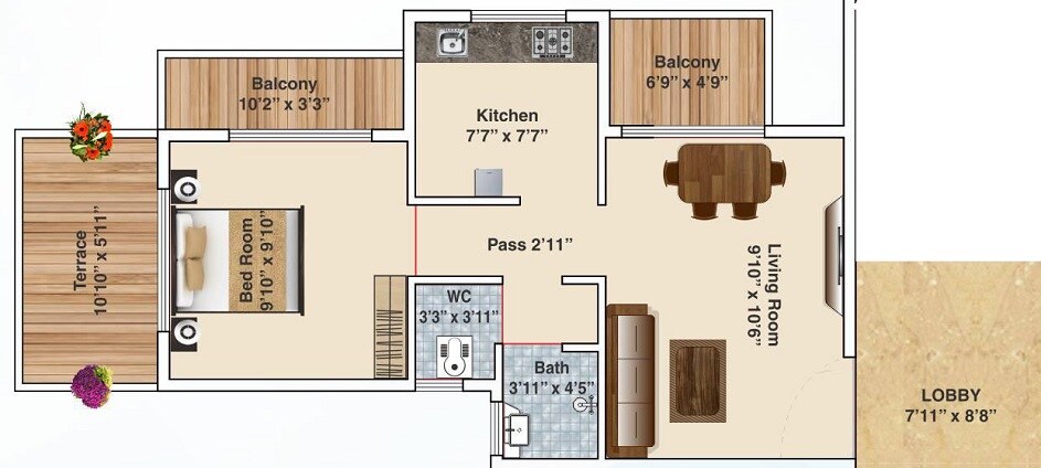 Floor plan of 1 BHK 338 Sq. Ft. Apartment in KPS Park, Navi Mumbai