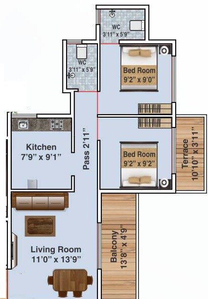 Floor plan of 2 BHK 492 Sq. Ft. Apartment in KPS Park, Navi Mumbai