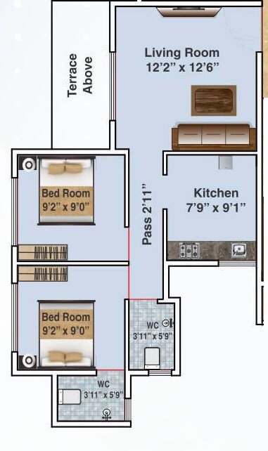 Floor plan of 2 BHK 514 Sq. Ft. Apartment in KPS Park, Navi Mumbai