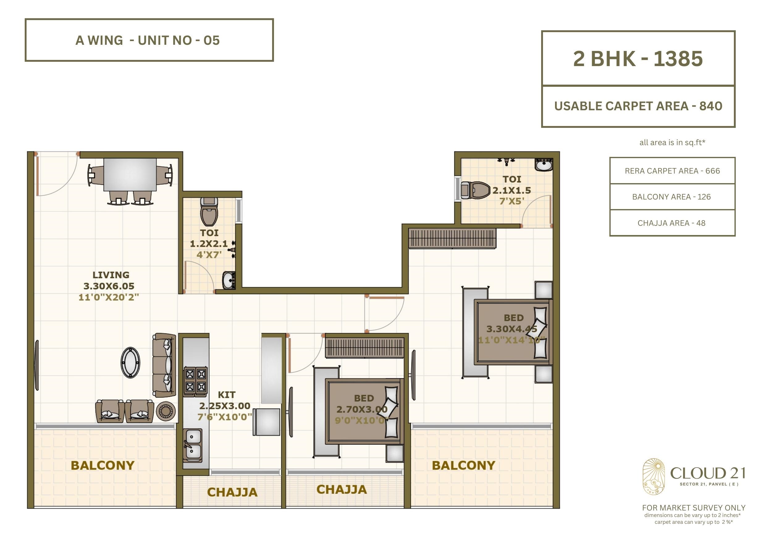Floor plan of 2 BHK 666 Sq. Ft. Apartment in Kricon Cloud 21, Navi Mumbai