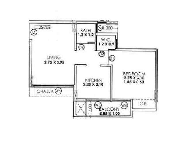 Floor plan of 1 BHK 340 Sq. Ft. Apartment in Kricon Palacia, Navi Mumbai