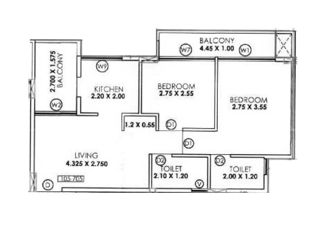 Floor plan of 2 BHK 437 Sq. Ft. Apartment in Kricon Palacia, Navi Mumbai