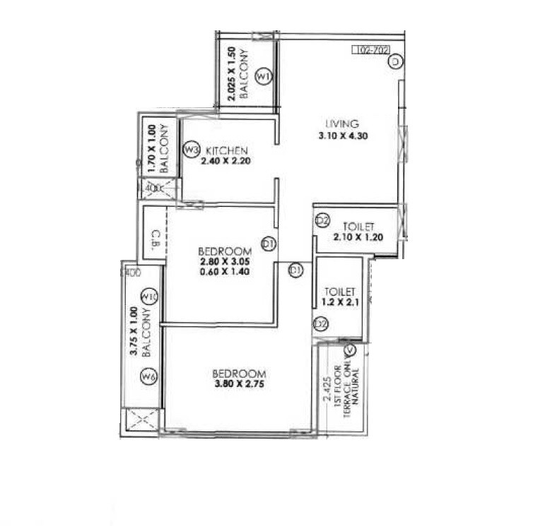 Floor plan of 2 BHK 509 Sq. Ft. Apartment in Kricon Palacia, Navi Mumbai