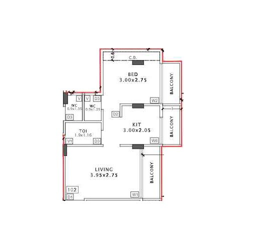 Floor plan of 1 BHK 322 Sq. Ft. Apartment in Krishna Bliss, Navi Mumbai