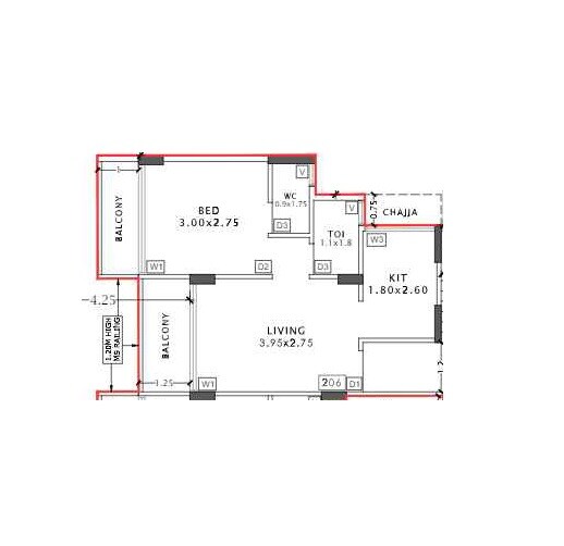 Floor plan of 1 BHK 372 Sq. Ft. Apartment in Krishna Bliss, Navi Mumbai