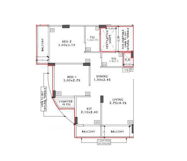 Floor plan of 2 BHK 507 Sq. Ft. Apartment in Krishna Bliss, Navi Mumbai
