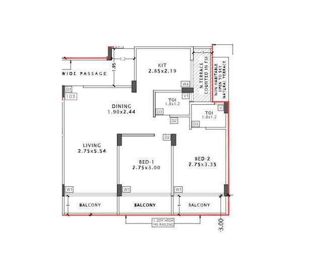 Floor plan of 2 BHK 550 Sq. Ft. Apartment in Krishna Bliss, Navi Mumbai