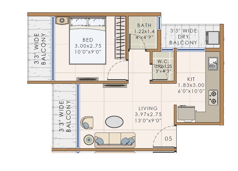 Floor plan of 1 BHK 308 Sq. Ft. Apartment in Krishna Corner Navi Mumbai, Navi Mumbai