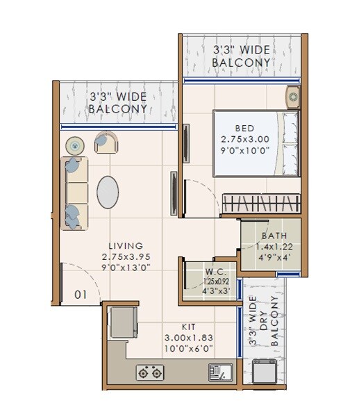 Floor plan of 1 BHK 322 Sq. Ft. Apartment in Krishna Corner Navi Mumbai, Navi Mumbai