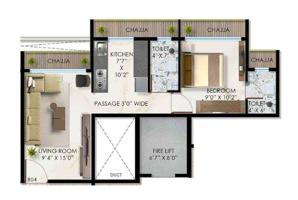 Floor plan of 1 BHK 553 Sq. Ft. Apartment in Krishna Iris, Navi Mumbai