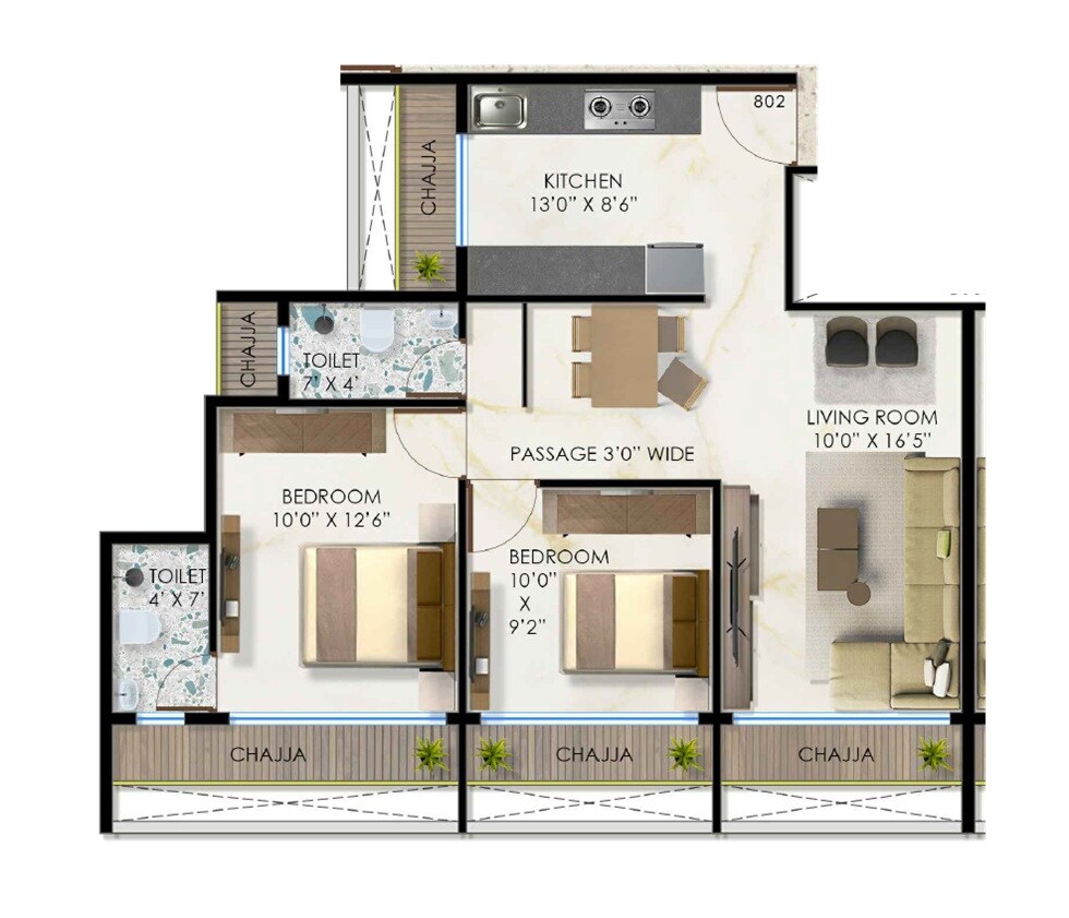 Floor plan of 2 BHK 605 Sq. Ft. Apartment in Krishna Iris, Navi Mumbai