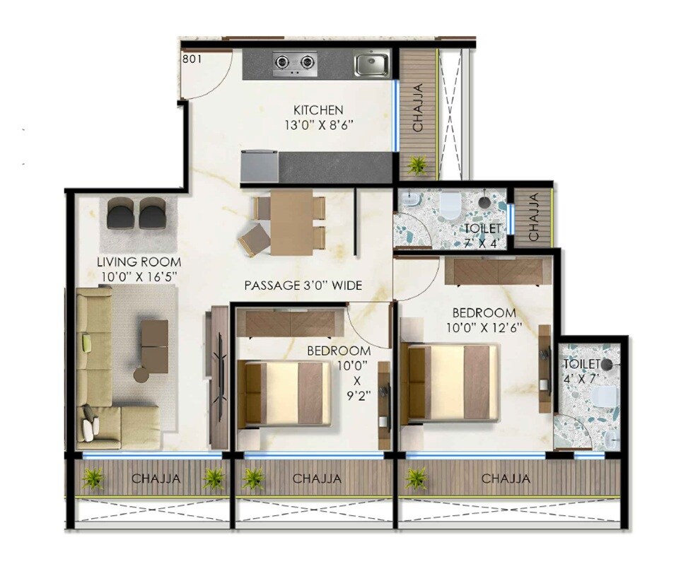 Floor plan of 2 BHK 750 Sq. Ft. Apartment in Krishna Iris, Navi Mumbai