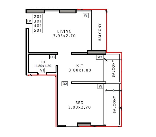 Floor plan of 1 BHK 395 Sq. Ft. Apartment in Krishna Kunj Wahal, Navi Mumbai
