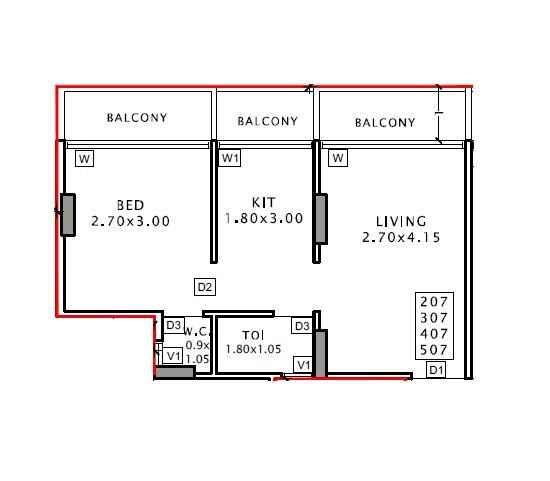 Floor plan of 1 BHK 415 Sq. Ft. Apartment in Krishna Kunj Wahal, Navi Mumbai