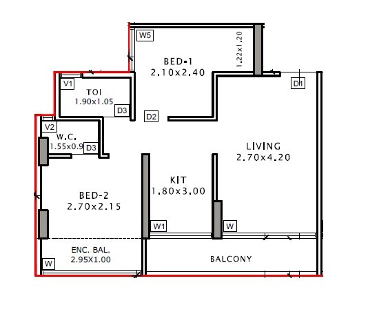 Floor plan of 2 BHK 525 Sq. Ft. Apartment in Krishna Kunj Wahal, Navi Mumbai