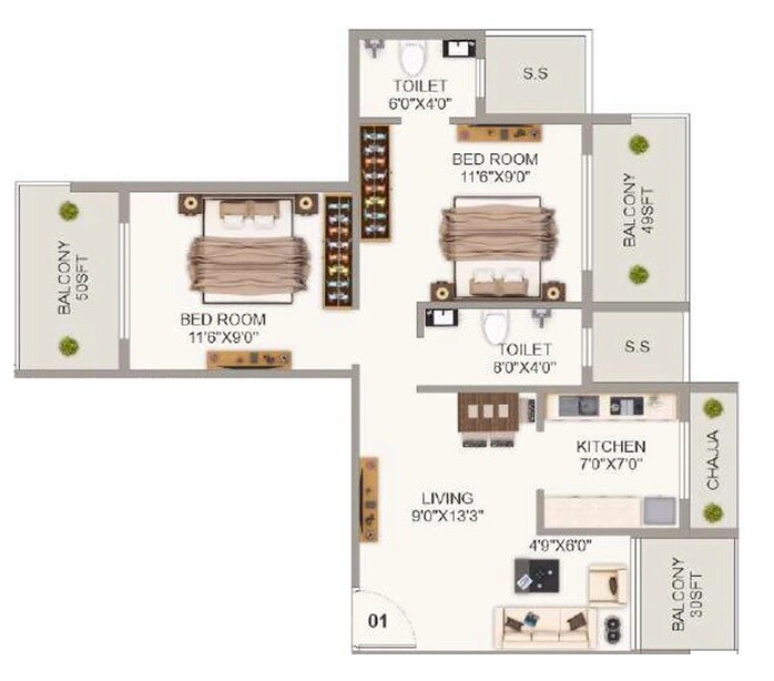 Floor plan of 2 BHK 864 Sq. Ft. Apartment in Krishna Shree Siddhivinayak Paradise, Navi Mumbai