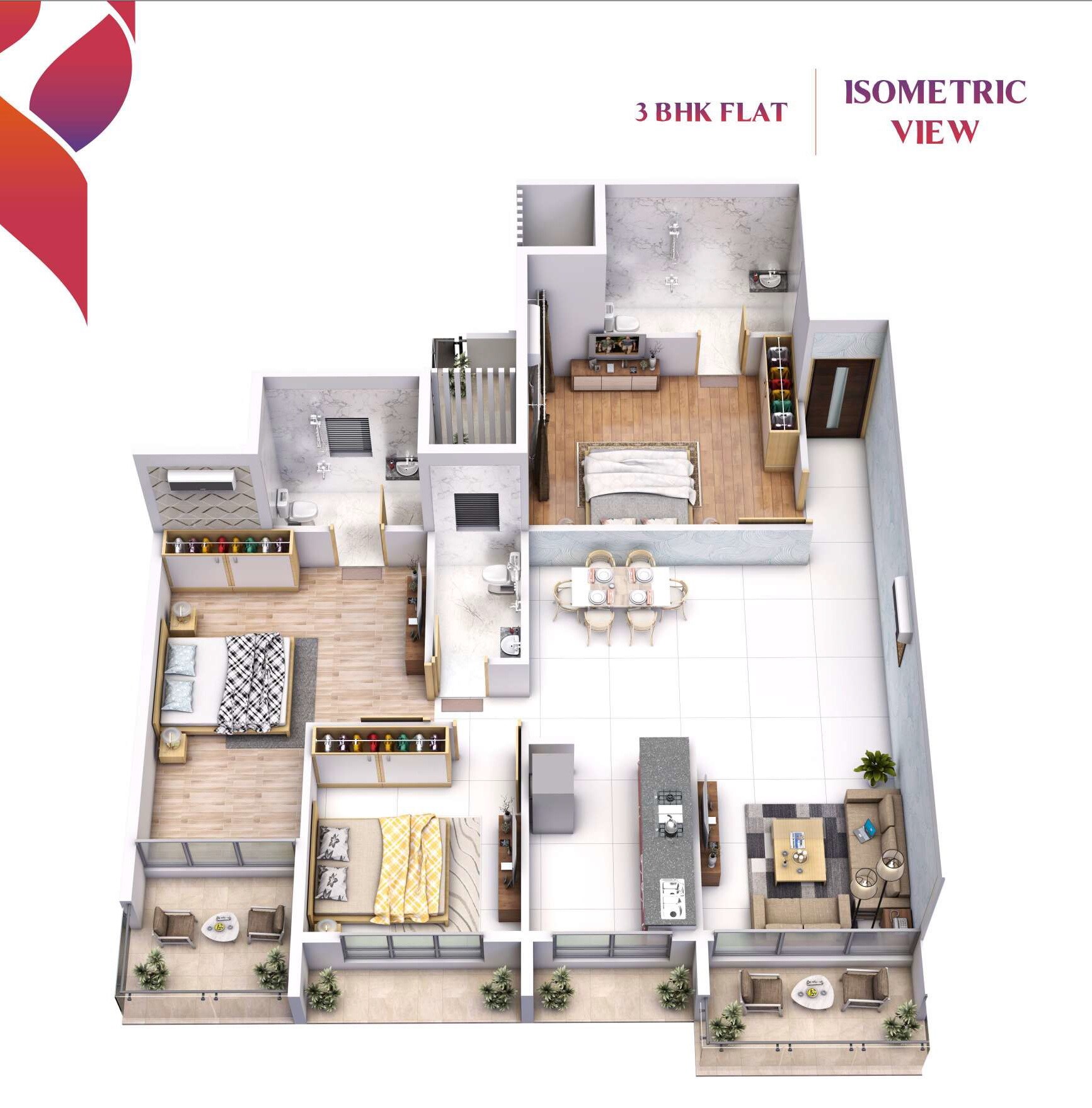 Floor plan of 3 BHK 960 Sq. Ft. Apartment in Krishna Shree Siddhivinayak Paradise, Navi Mumbai