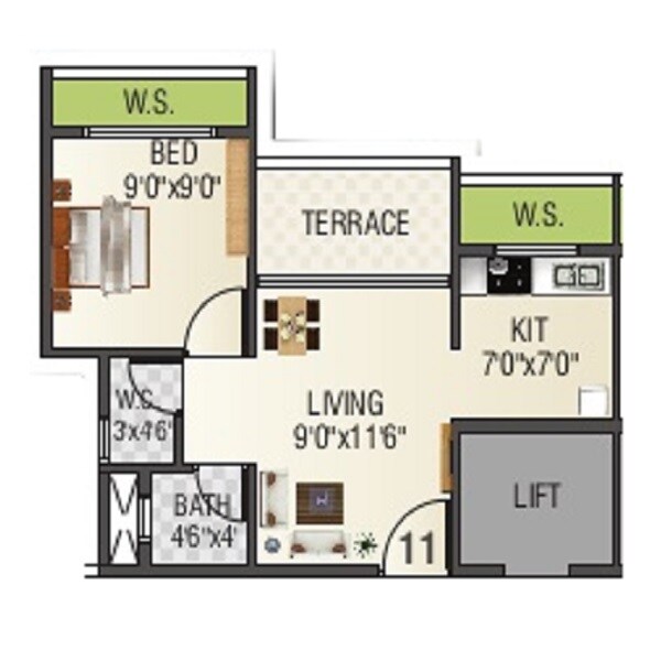 Floor plan of 1 BHK 326 Sq. Ft. Apartment in Krishna Valley Navi Mumbai, Navi Mumbai