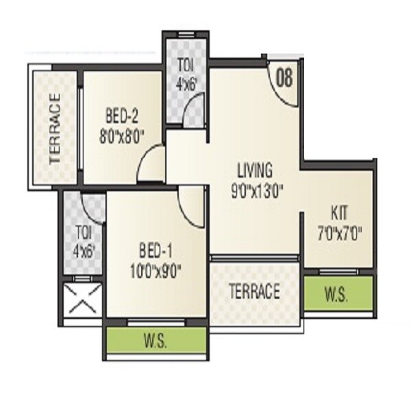Floor plan of 2 BHK 550 Sq. Ft. Apartment in Krishna Valley Navi Mumbai, Navi Mumbai