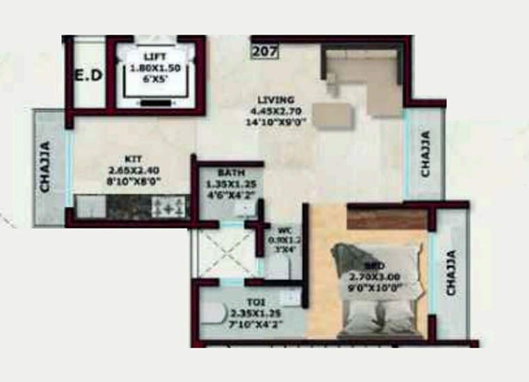 Floor plan of 1 BHK 401 Sq. Ft. Apartment in Krsnaas Krishna Residency, Navi Mumbai