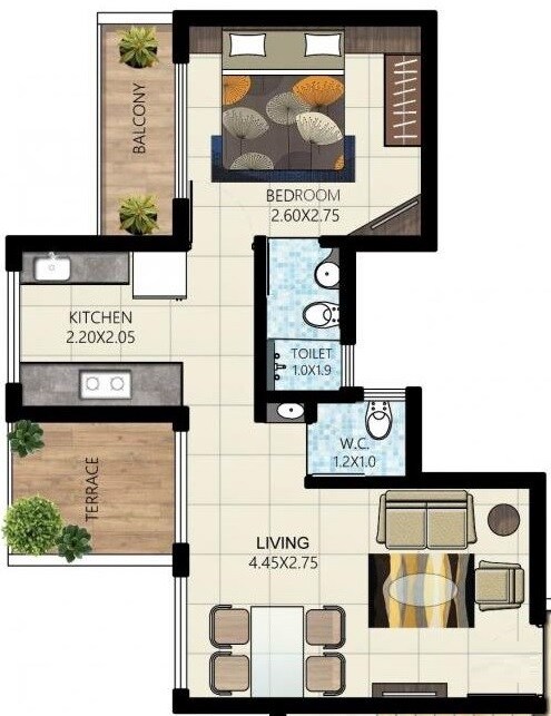 Floor plan of 1 BHK 385 Sq. Ft. Apartment in Krushna Kunj Taloja, Navi Mumbai
