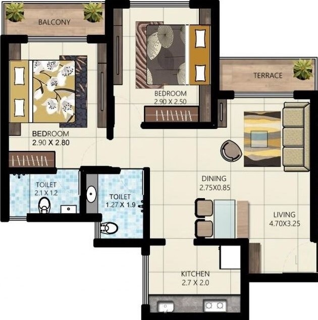 Floor plan of 2 BHK 468 Sq. Ft. Apartment in Krushna Kunj Taloja, Navi Mumbai